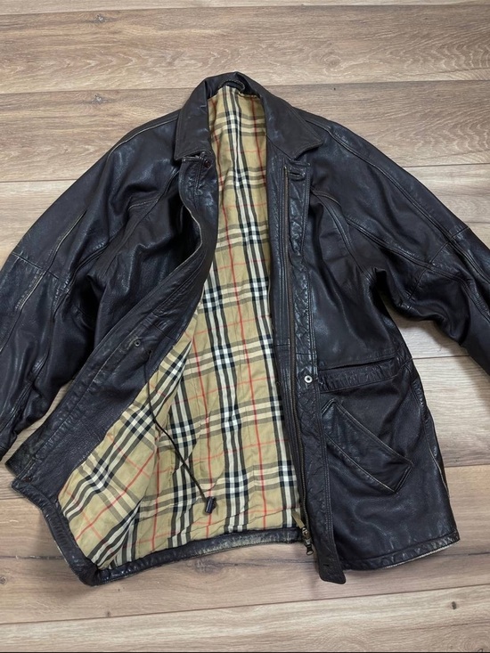 Burberry Other - Burberry Men's Brown Leather Jacket with Plaid Lining